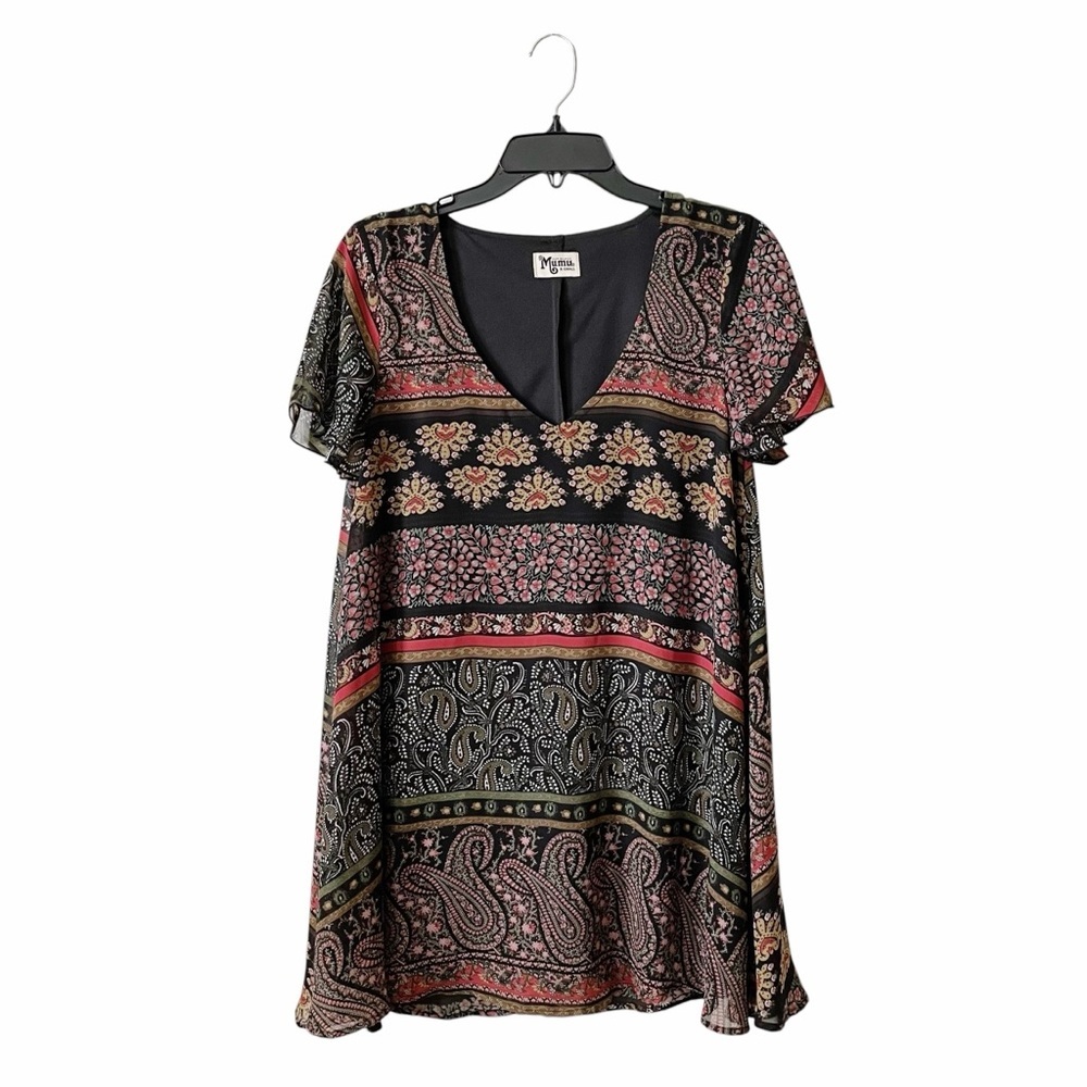 Show Me Your Mumu Mini Dress Womens Size XS Black Floral Flare Short Sleeve Boho